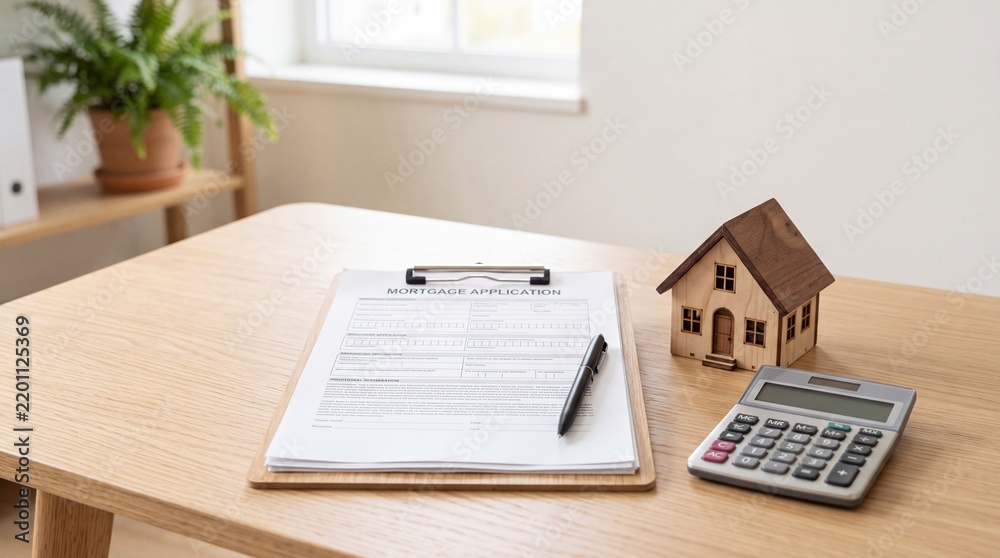 Obraz premium Mortgage application on a clipboard with model house and calculator