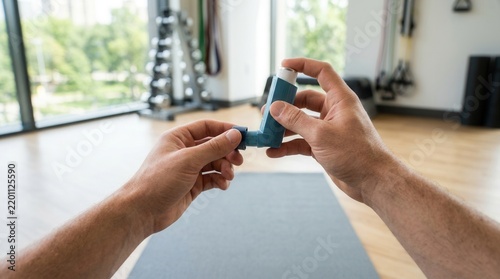 Man's hands holding an asthma inhaler in a bright, modern gym with workout equipment in the background.