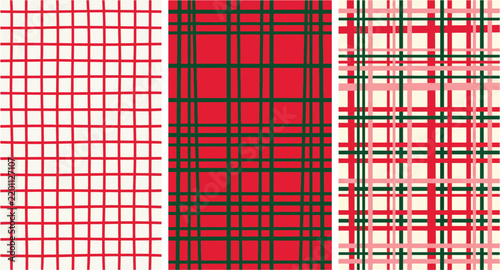 Christmas plaid seamless pattern set, red and green tartan vector textures, festive holiday checkered background for gift wrap and textiles
