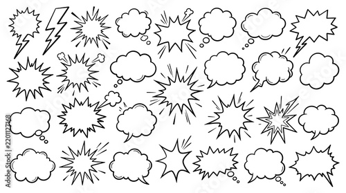 Set of hand drawn comic book speech bubbles and thought clouds on white