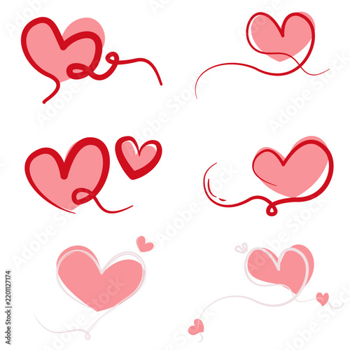 Collection of Hand-Drawn Red Heart Line Art Illustrations on White Background for Romantic Design Elements, and Wedding Invitations
