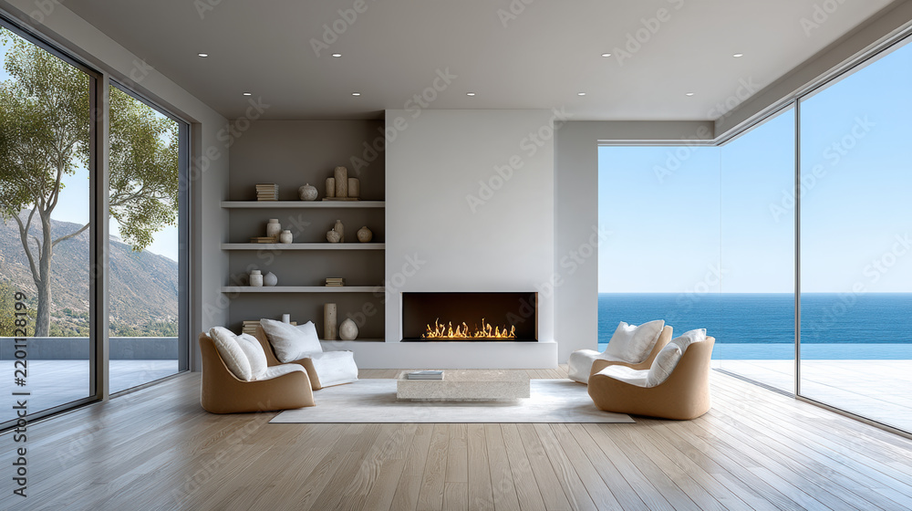 Obraz premium Modern living room with ocean view, minimalist furniture, large windows, fireplace, neutral color palette, serene atmosphere