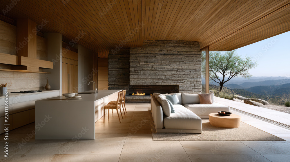Obraz premium Modern living room with panoramic mountain view, wooden ceiling, stone fireplace, open kitchen, and cozy sofa