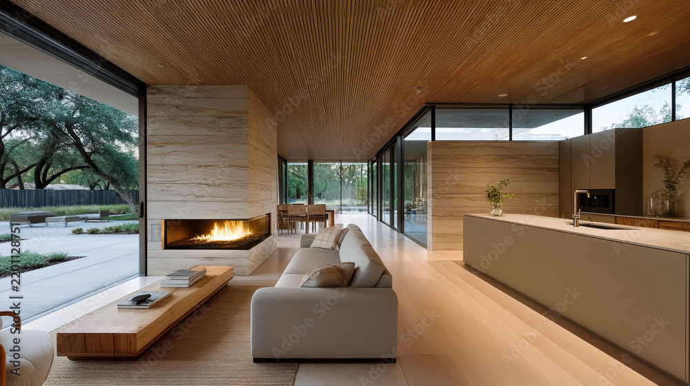 Obraz premium Modern living room with fireplace, minimalist sofa, wooden ceiling, open kitchen, large glass windows, natural light