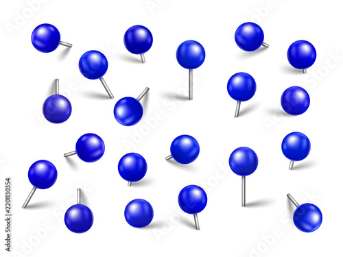 Set of blue plastic push pins isolated on a transparent background