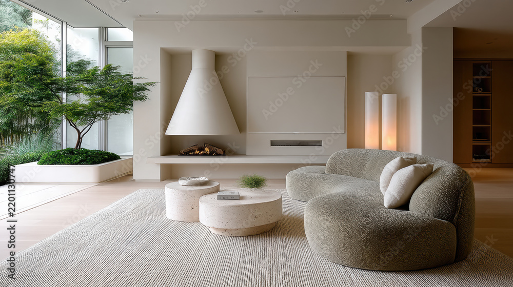 Obraz premium Modern living room with curved sofa, round coffee tables, large windows, indoor plant, minimalist fireplace