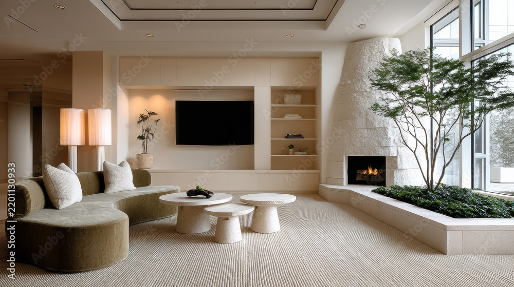 Obraz premium Modern living room with curved sofa, round tables, indoor tree, fireplace, large windows, neutral tones, cozy atmosphere