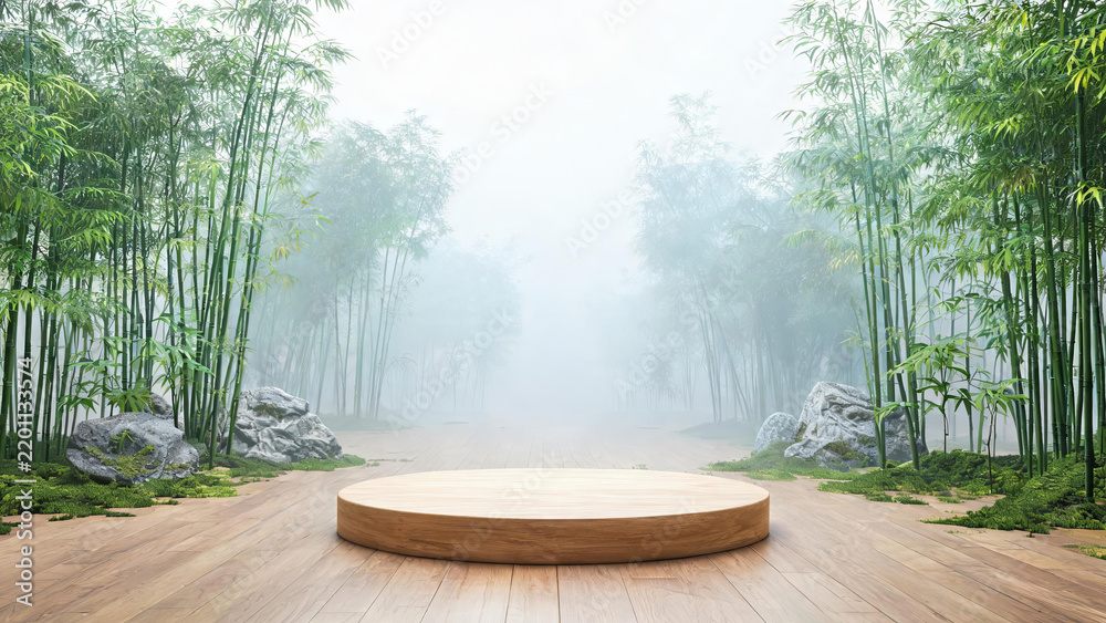 Obraz premium A round wooden platform sits on a wooden path in a misty bamboo forest, with rocks and moss on both sides, creating a tranquil natural scene.
