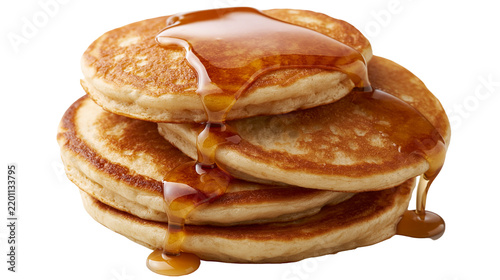 Foto Stack of golden brown fluffy pancakes drizzled with sweet maple syrup