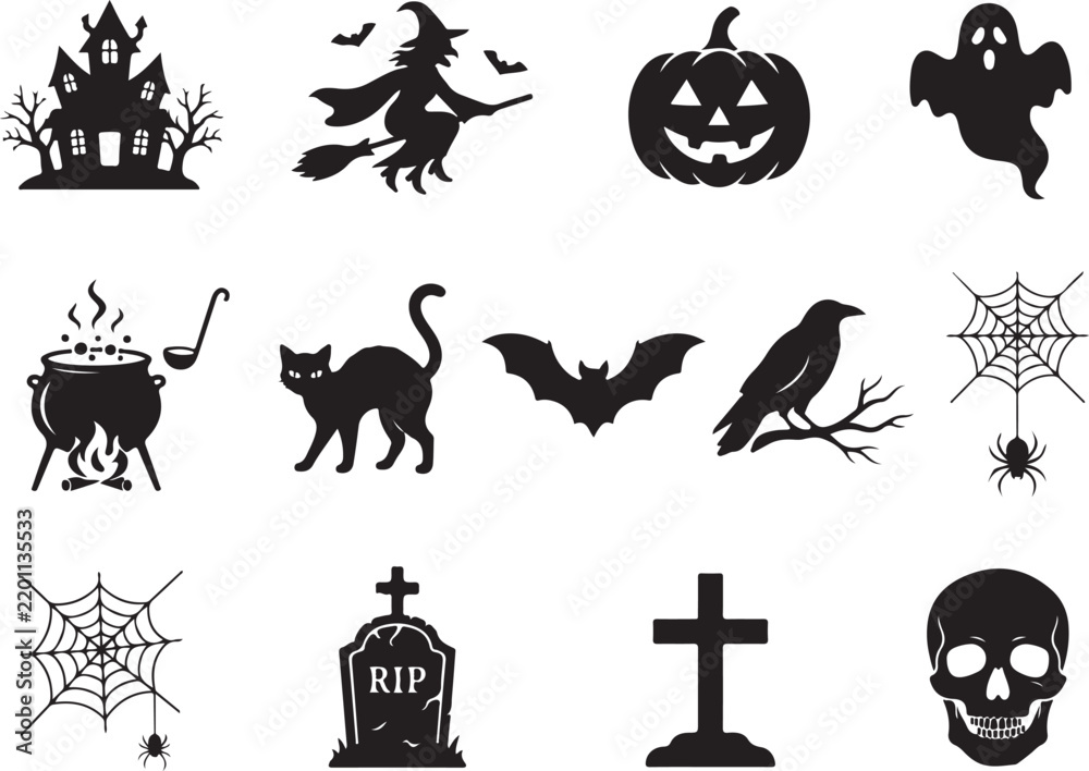 Fototapeta premium Halloween-themed black icons set