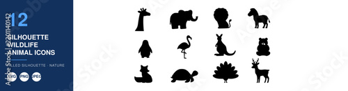 Wildlife Silhouettes Set with Animal Icons, Nature Illustration. Filled Silhouette Design