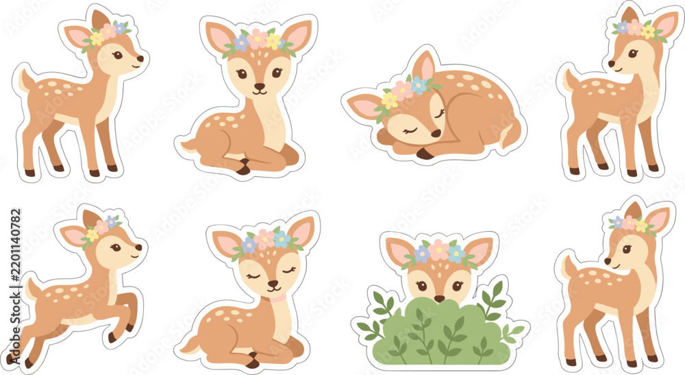 Obraz premium Cute Deer Character Collection with Floral Crowns and Woodland Animal Illustrations