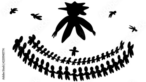 The silhouettes of people uniting to protect their companions from danger.