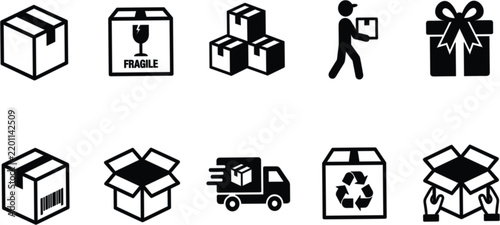 Shipping boxes and logistics outline vector icon grid with delivery and packaging symbols