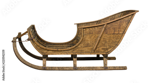 Fotografie Antique wooden sleigh with curved runners and metal accents, isolated on transpa