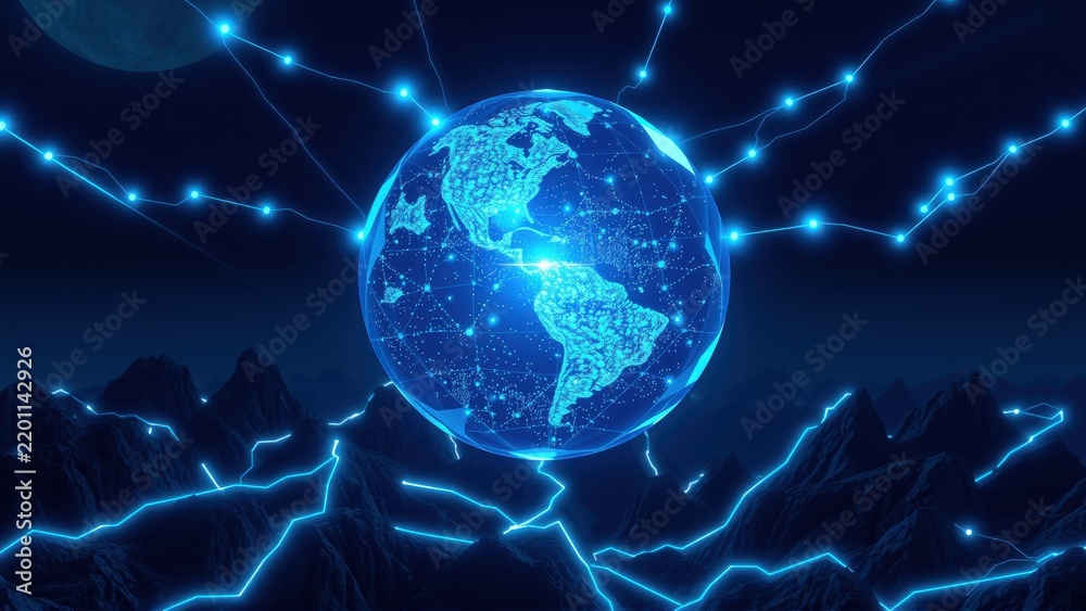 Obraz premium Glowing Earth surrounded by network connections, mountains below. Dark blue tones dominate image, creating futuristic feel.