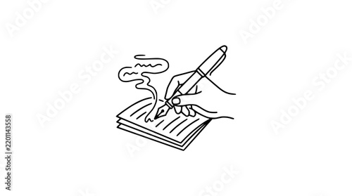 Hand holding fountain pen writing on paper with creative smoke