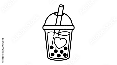 Bubble tea cup icon with heart and pearls line art