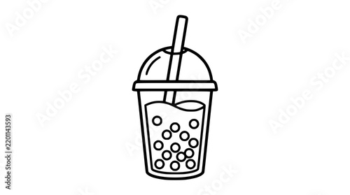 Bubble tea cup icon with straw and pearls line art