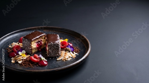 Modern Deconstructed Australian Lamington Cake with Raspberry Coulis