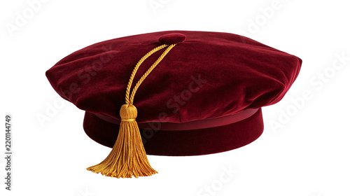 Burgundy velvet doctoral tam with a golden yellow tassel
