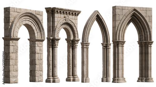 Set of ancient stone gothic and romanesque architectural arches and columns