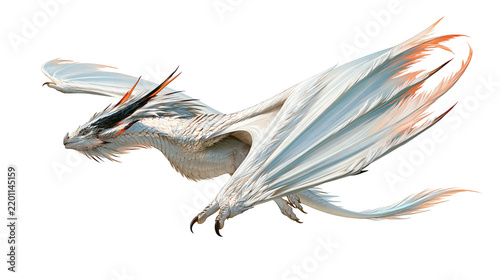 Majestic white dragon with long flowing wings and orange accents in flight