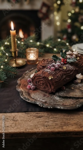 Chocolate Yule Log Cake on Vintage Silver Platter