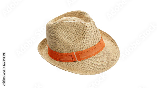 Classic summer straw sun hat with orange ribbon isolated on transparent background