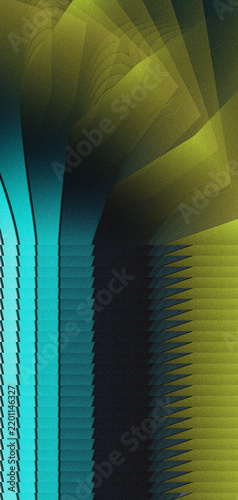 Abstract vertical composition with flowing turquoise and olive green layered waves, grainy noise texture and dark background, dramatic dimensional pattern for futuristic design