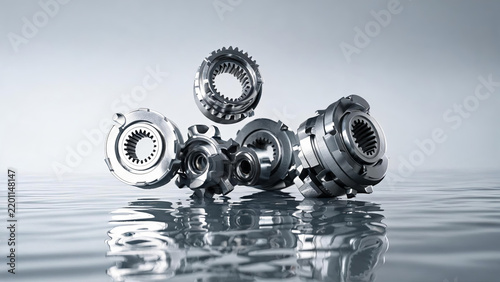 Precision metallic mechanical components including gears, displayed on a calm reflective water surface, for industrial engineering applications.