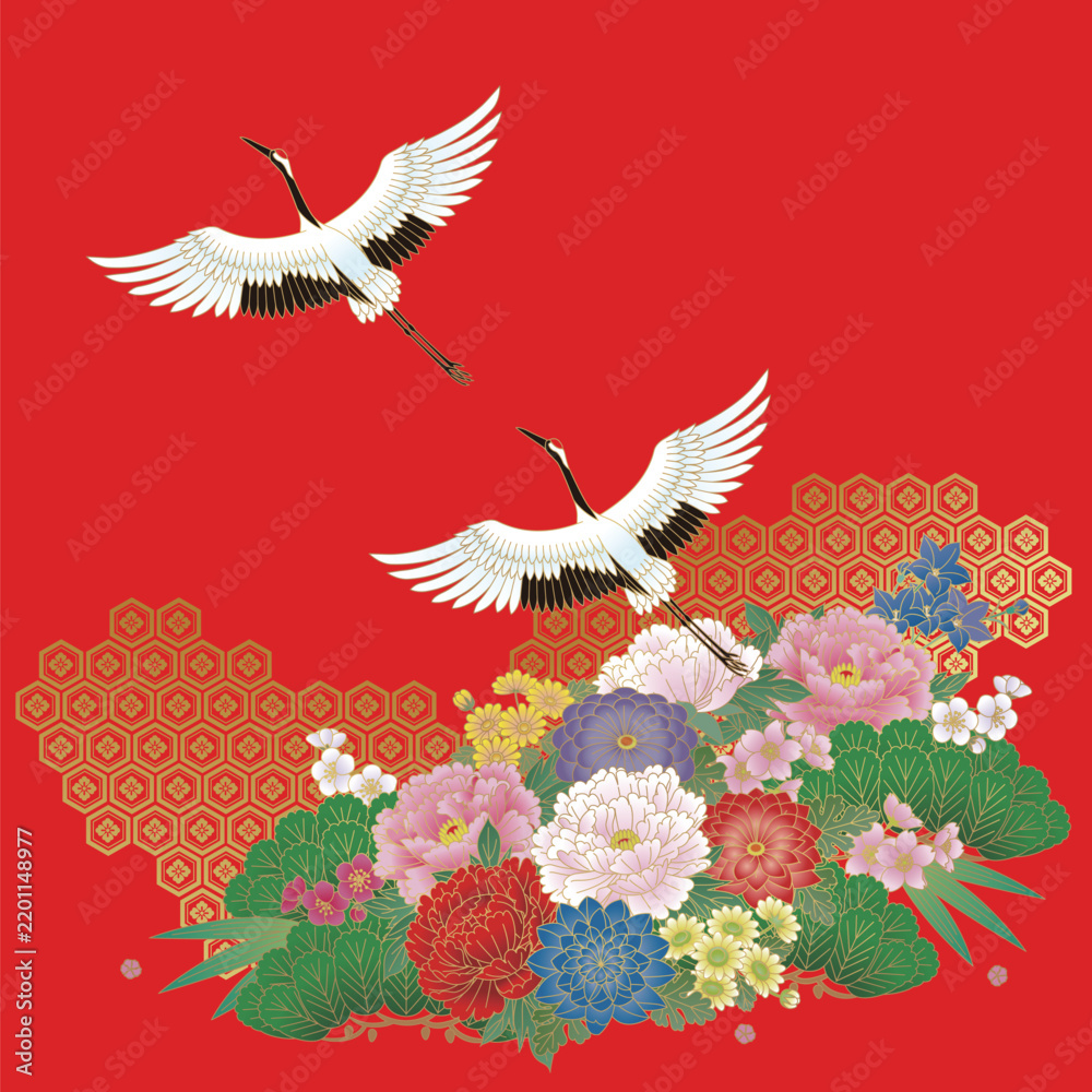 Fototapeta premium 日本の伝統的な花と丹頂鶴。ベクター背景イラスト。 
