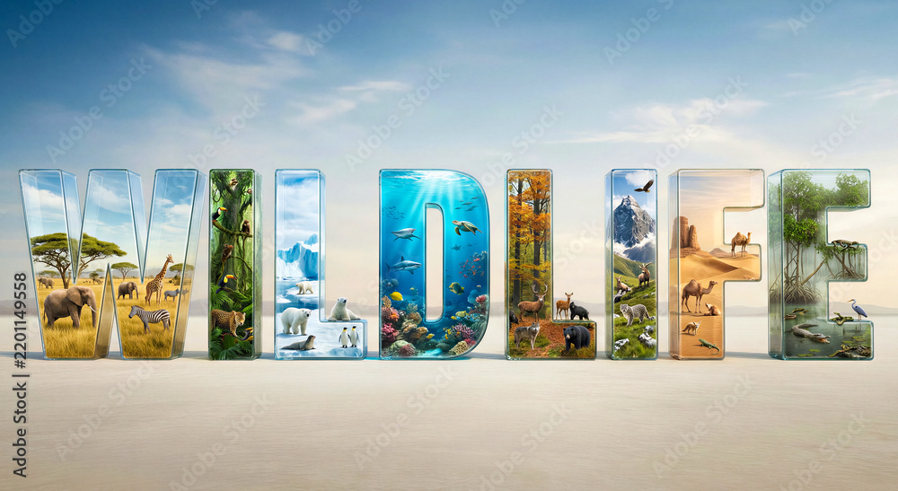 Fototapeta premium Large 3D letters spelling wildlife containing various animal habitats including savanna, jungle, arctic, ocean, forest, desert and wetlands. Nature conservation, ecology, biodiversity concept.
