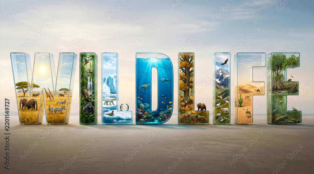 Obraz premium Alphabet letters filled with diverse animal habitats and wild species, savanna, rainforest, arctic, ocean, mountains, desert, and wetlands scenes. Nature conservation, ecology
