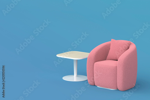 Modern rose boucle armchair and white coffee table with wooden top on blue background