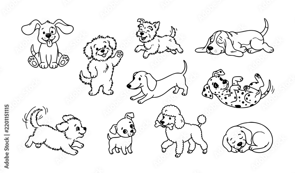 Obraz premium Funny Cute Puppy Dog Sketch Vector Set with Hand Drawn Cartoon Pet Characters