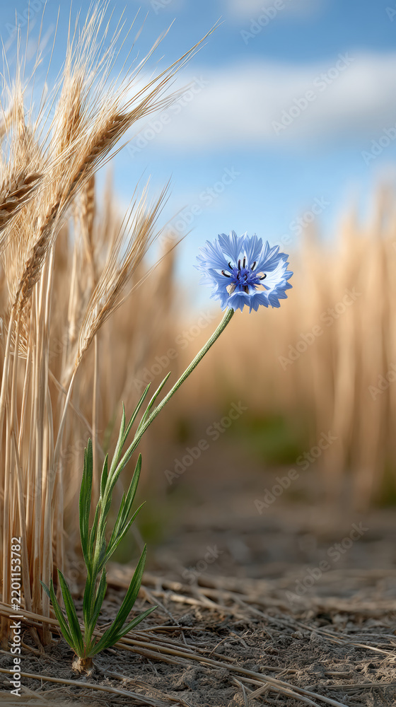 Obraz premium Lonely cornflower stands among golden rye under blue sky, vibrant and serene, symbolizing solitude and beauty