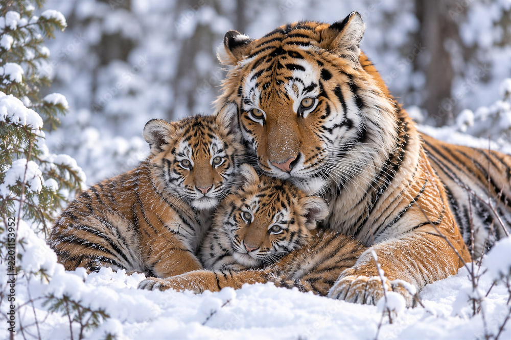 Obraz premium Adult tiger cuddling with two cubs in a snowy forest 