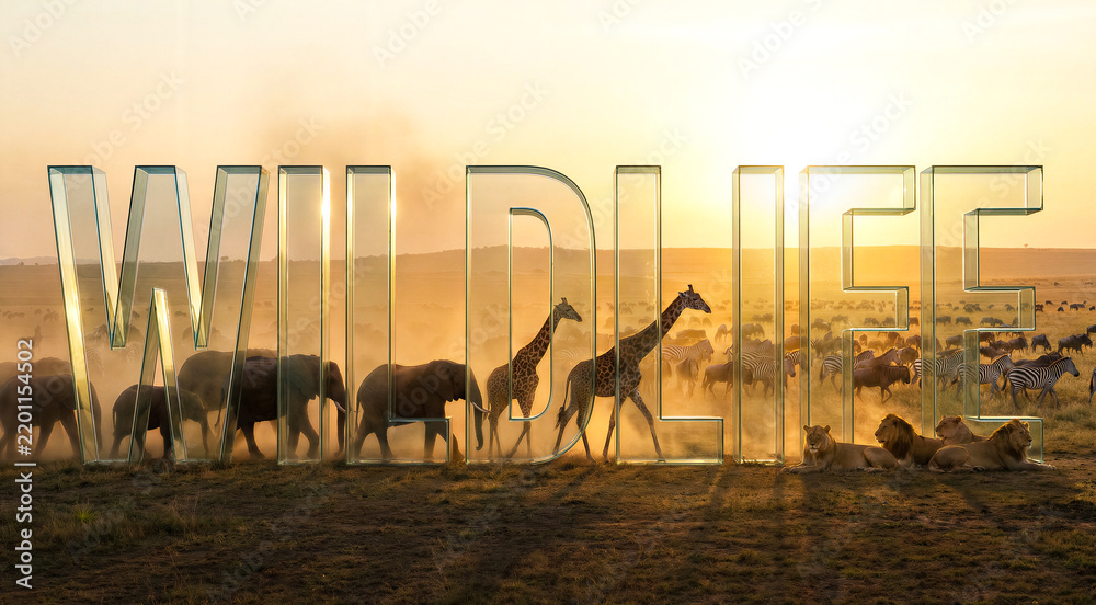 Fototapeta premium Large transparent glass letters spelling wildlife in African savanna landscape, elephants, giraffes and lions at sunset. Nature conservation, safari travel, ecology, environment.