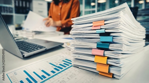 Stacking paper documents with binder clips and laptop on office desk