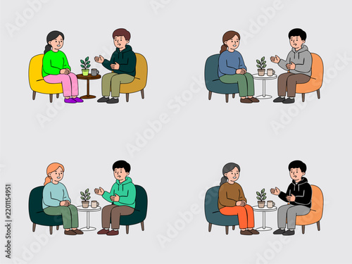 Vector illustration set of young couple or coworkers sitting on armchairs, talking, drinking coffee, and meeting in a cafe or office lobby.