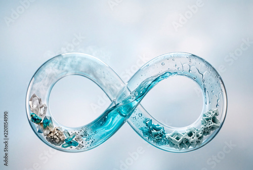 Simbolo dell’infinito in vetro traslucido, riempito da acqua e cristalli in movimento. Un’immagine che evoca cicli continui, trasformazione, equilibrio materico e dinamiche naturali.