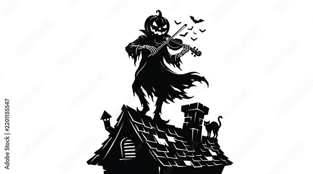 Fototapeta premium Pumpkin headed skeleton playing violin on roof during dark night with flying bats and black cat in vector graphic style