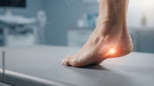 Medical foot pain with glowing ankle highlights discomfort during movement and need for clinical assessment in clean healthcare setting