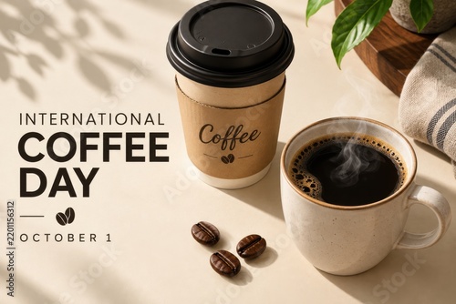 Fresh coffee cup and takeaway container celebrating International Coffee Day with warm morning light