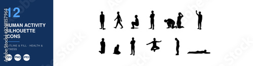 Human Activity Silhouette Icons, Depicting Various Actions. Outline and Fill Design, Health and Fitness Concept