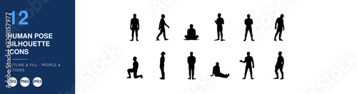 Human Pose Silhouette Icons Set, Depicting Various Actions and Postures Featuring Figure, People