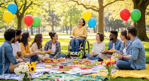 Diverse Group of Young Friends Having a Happy Picnic in a Sunny Park with a Wheelchair User