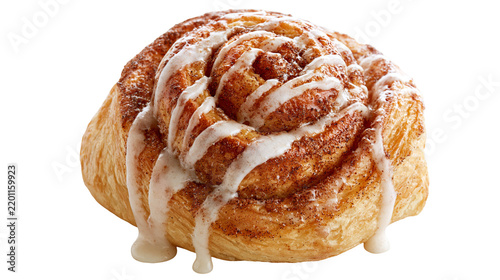Картината върху платно Freshly baked golden brown cinnamon roll with sweet white sugar icing drizzle