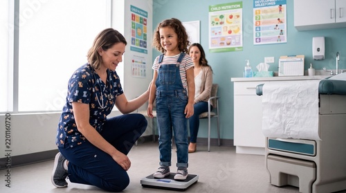 Young girl standing on scale during child wellness check in pediatric clinic, smiling nurse assisting, mother watching in background, bright medical office with educational posters